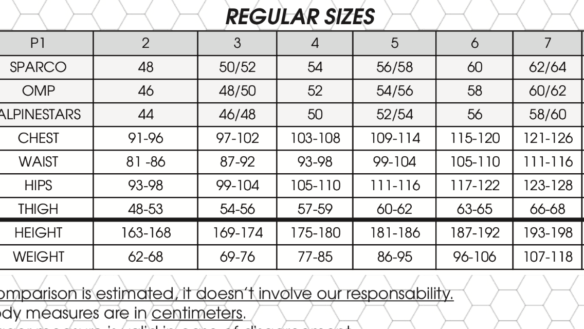 Sparco Fire Suit Size Chart