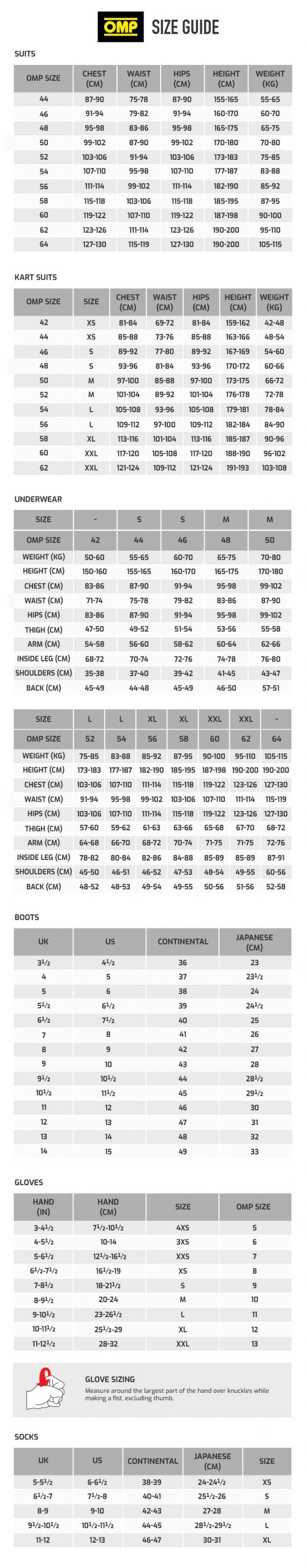 Size charts for our items - Performance Racegear Pty Ltd